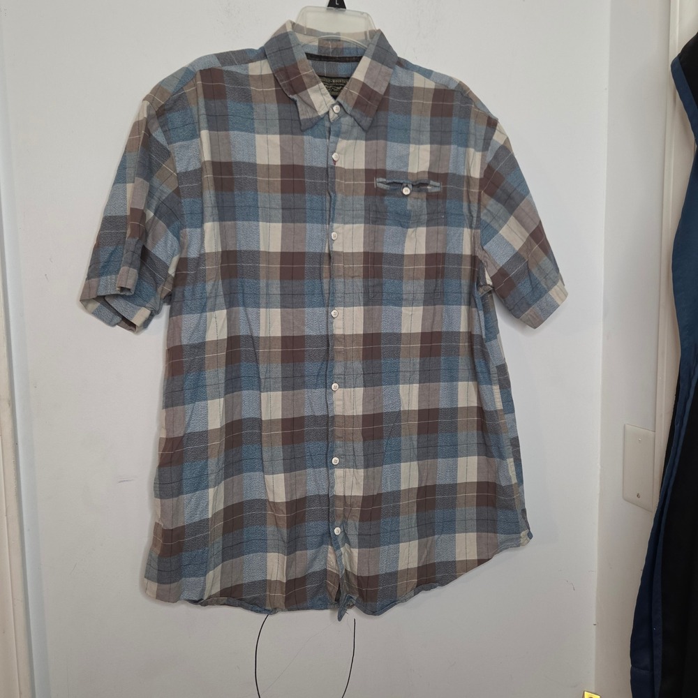 Grizzly Mountain Mens XXL Blue Brown Plaid Short Sleeve Button Down Shirt Casual